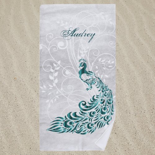 Teal Peacock Personalized Beach Towel