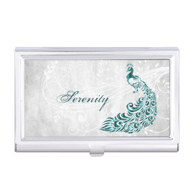 Teal Peacock Personalized Business Card Case (Front)
