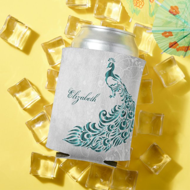 Teal Peacock Personalized Can Cooler (In Situ Summer)