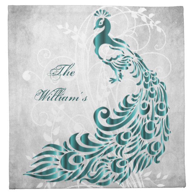 Teal Peacock Personalized Cloth Napkin (Front)