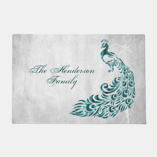 Teal Peacock Personalized Door Mat (Front)