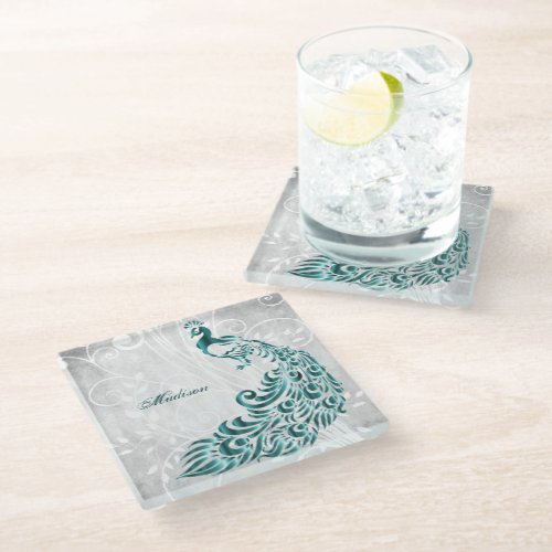 Teal Peacock Personalized Glass Coaster