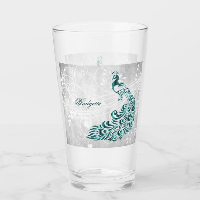 Teal Peacock Personalized Glass Cup (Front)