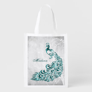 Teal Peacock Personalized Grocery Bag
