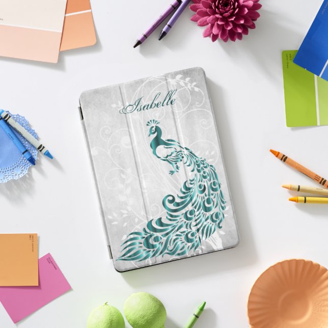 Teal Peacock Personalized iPad Smart Cover (Desk)