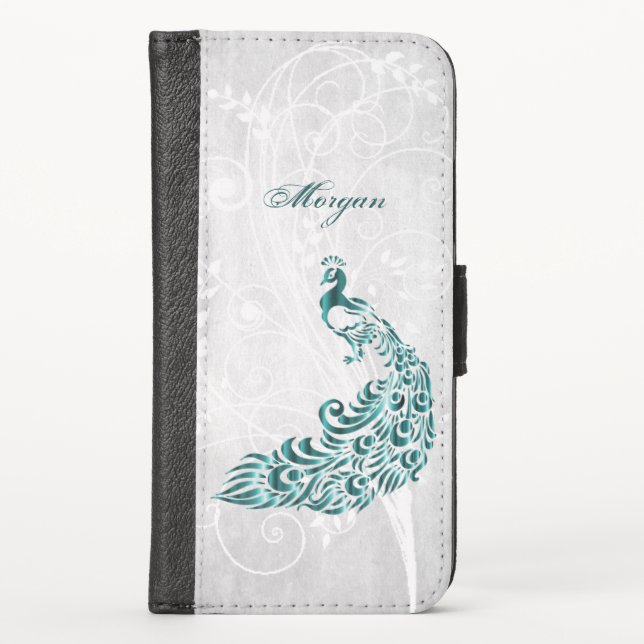 Teal Peacock Personalized iPhone Wallet Case (Front)