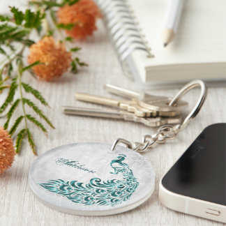 Teal Peacock Personalized Keychain