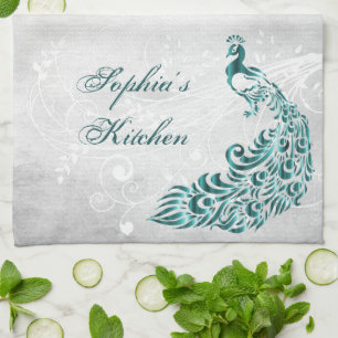 Teal Peacock Personalized Kitchen Towel