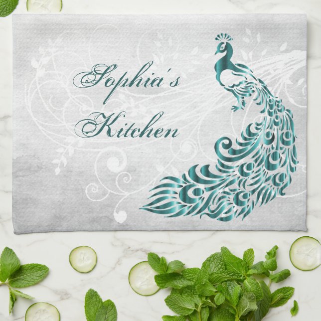 Teal Peacock Personalized Kitchen Towel (Folded)