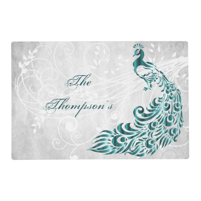 Teal Peacock Personalized Laminated Placemat (Front)