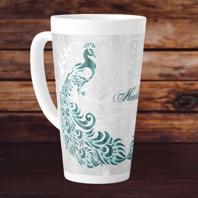 Teal Peacock Personalized Latte Mug (Teal Peacock Personalized Latte Mug)