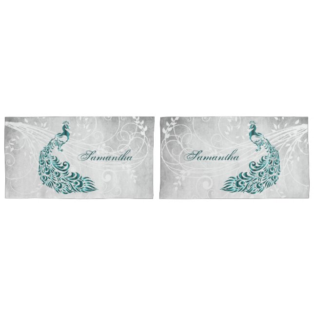 Teal Peacock Personalized Pillowcases (Front-Set)