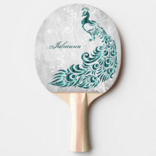 Teal Peacock Personalized Ping Pong Paddle