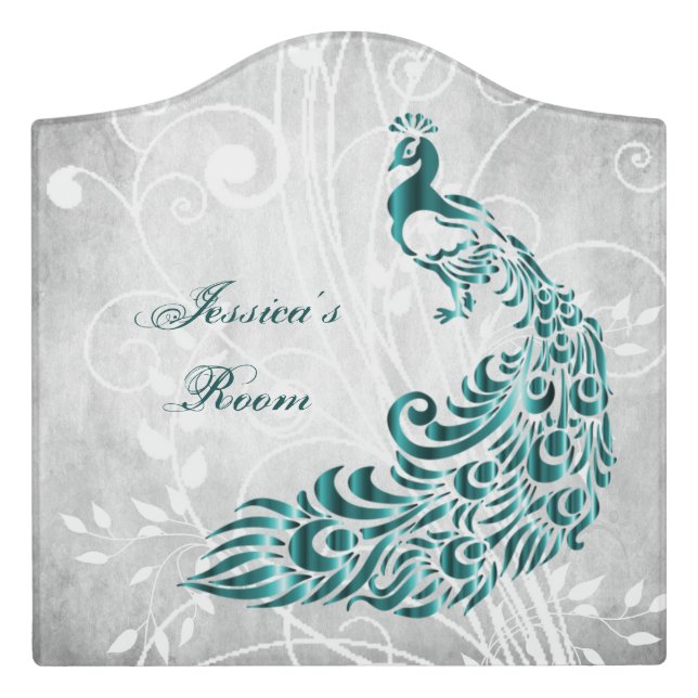 Teal Peacock Personalized Room Sign (Large Crest Front)