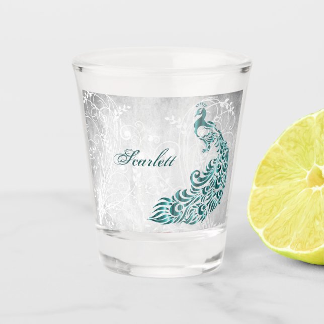 Teal Peacock Personalized Shot Glass (Front)