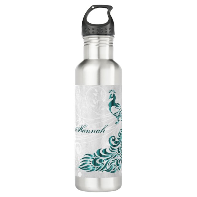 Teal Peacock Personalized Stainless Steel Water Bottle (Front)