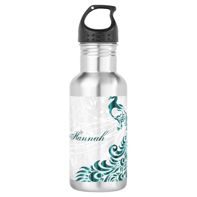 Teal Peacock Personalized Stainless Steel Water Bottle (Front)
