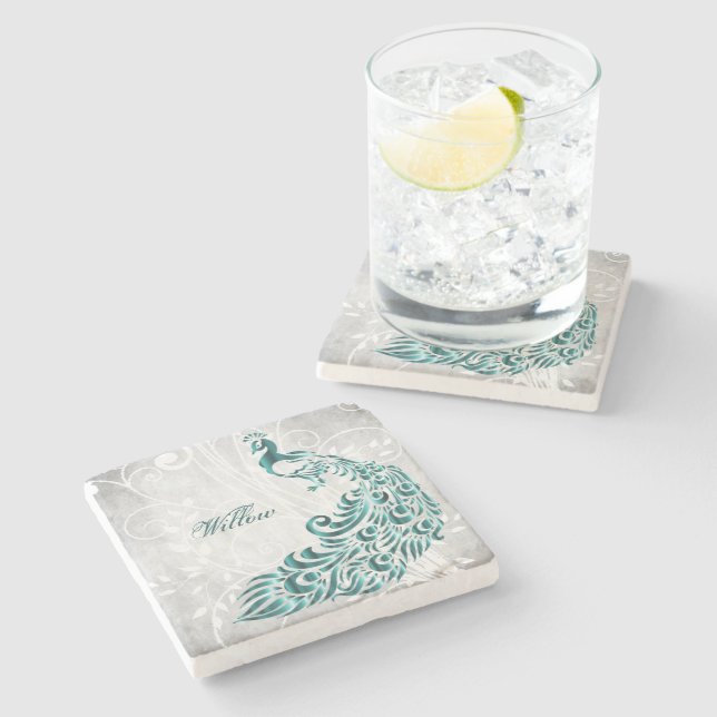 Teal Peacock Personalized Stone Coaster (Side)