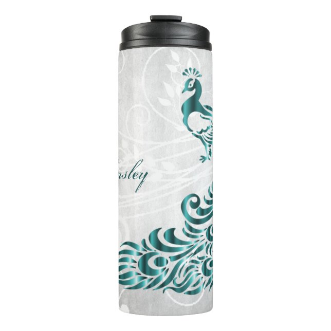 Teal Peacock Personalized Thermal Tumbler (Front)