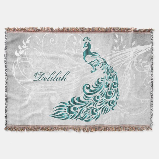 Teal Peacock Personalized Throw Blanket (Front)