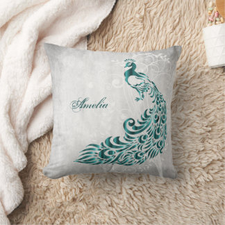 Teal Peacock Personalized  Throw Pillow