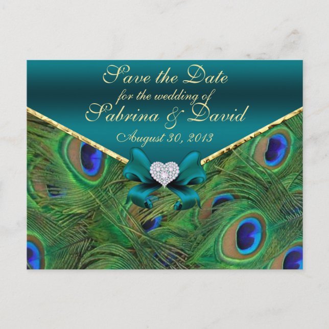 Teal Peacock Save the Date Postcard (Front)