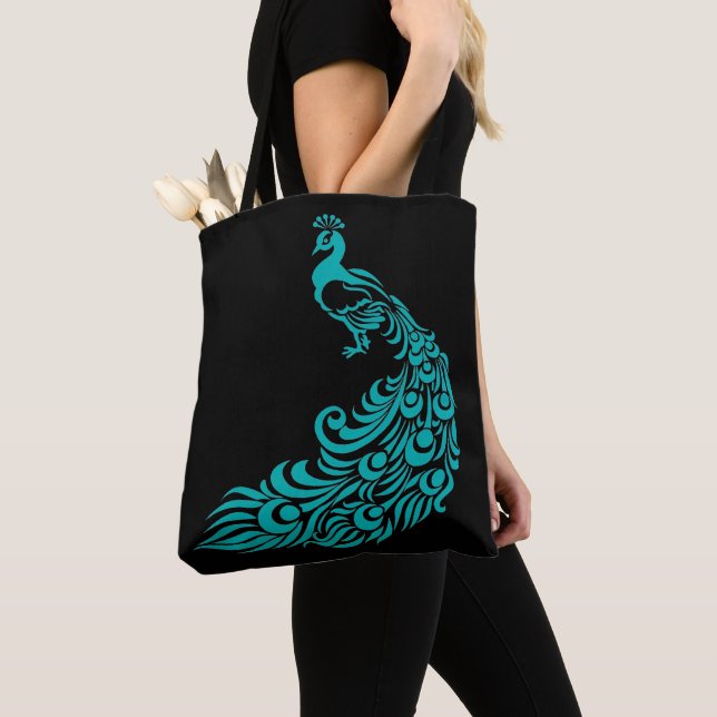 Teal Peacock Silhouette Black Tote Bag (Close Up)