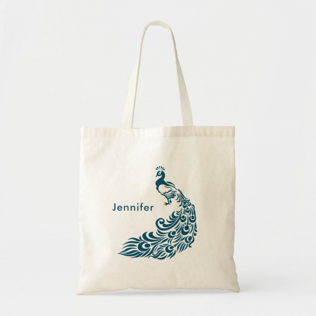 Teal Peacock Stylish Art Deco Design Personalized Tote Bag (Front)