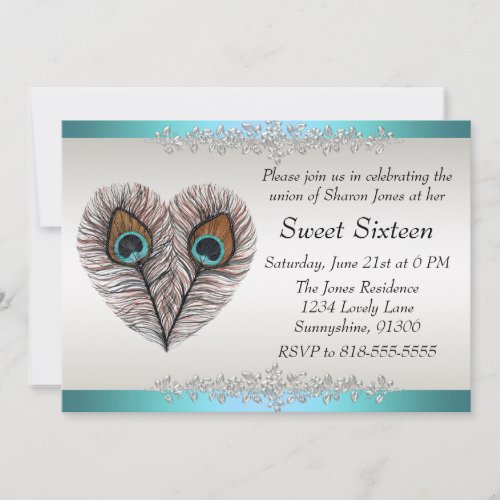 Teal Peacock Sweet Sixteen Custom Announcements
