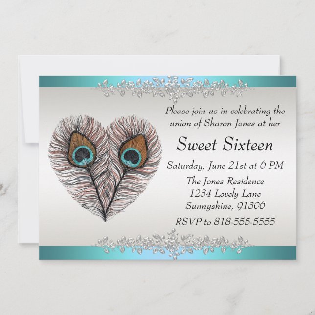 Teal Peacock Sweet Sixteen Invitation (Front)