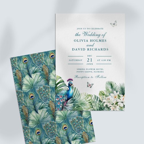Teal Peacock Tropical Flowers Butterfly Wedding Invitation