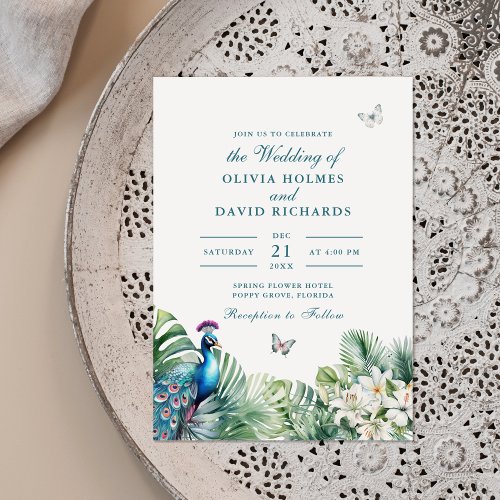 Teal Peacock Tropical Flowers Butterfly Wedding Invitation