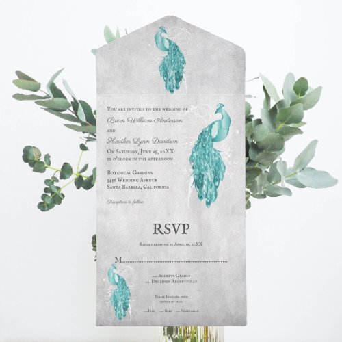 Teal Peacock Wedding All In One Invitation