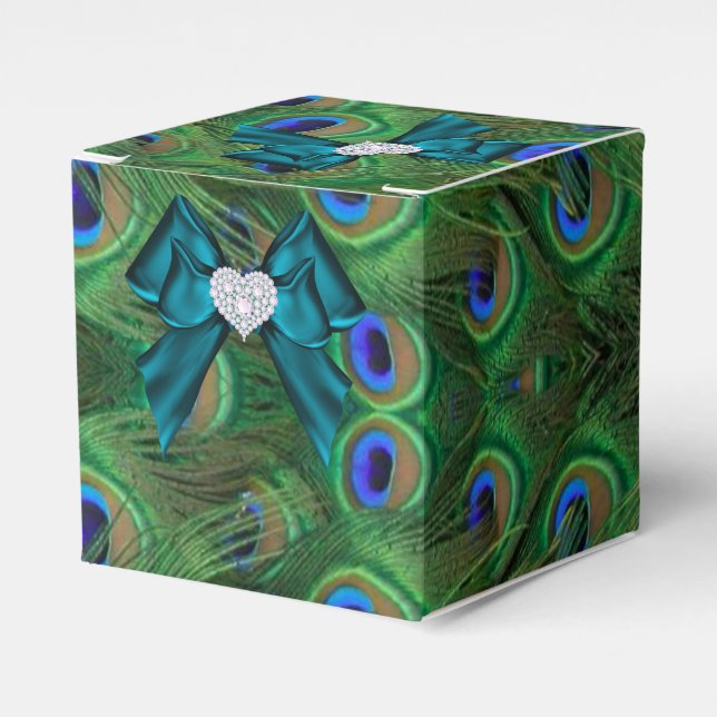 Teal  Peacock Wedding Favor Box (Front Side)