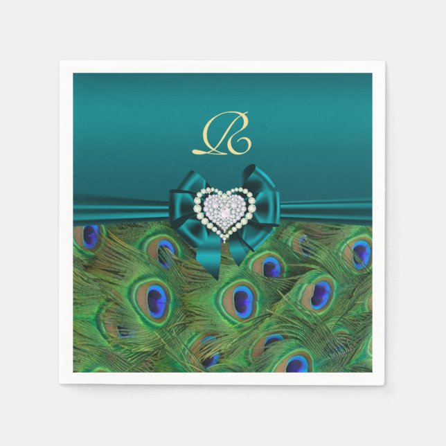 Teal Peacock Wedding Paper Party Napkins (Front)