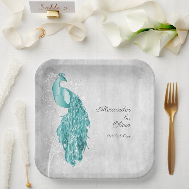 Teal Peacock Wedding Shower Paper Plates (Wedding)