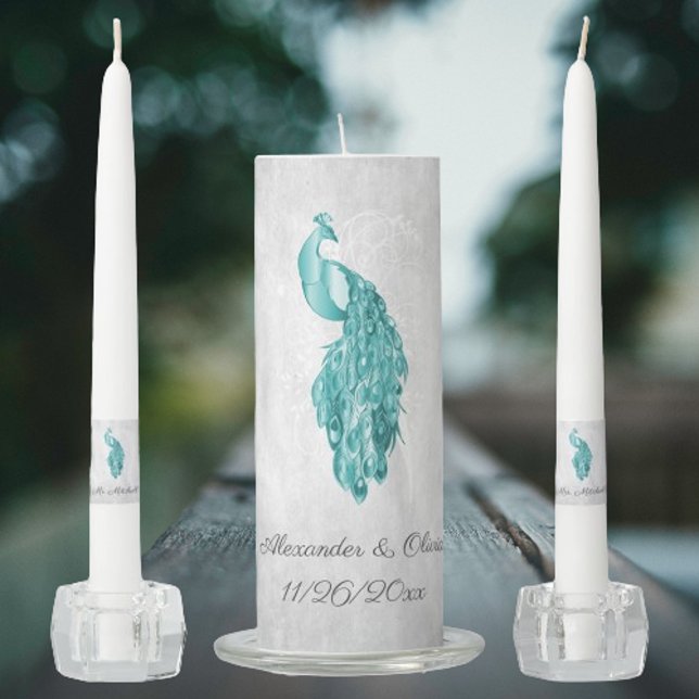 Teal Peacock Wedding Unity Candle Set (Teal Peacock Wedding Unity Candle Set)