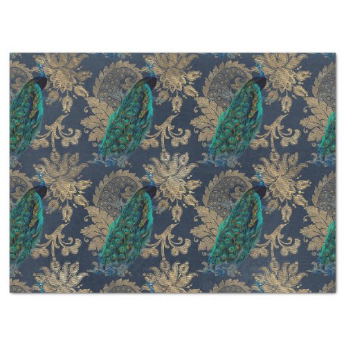 Teal Peacocks on Blue and Gold Decoupage Tissue Paper