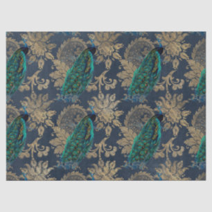 Teal Peacocks on Blue and Gold Decoupage Tissue Paper