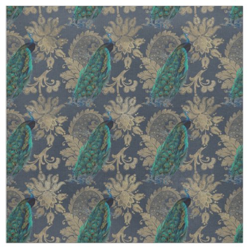 Teal Peacocks on Blue and Gold Fabric