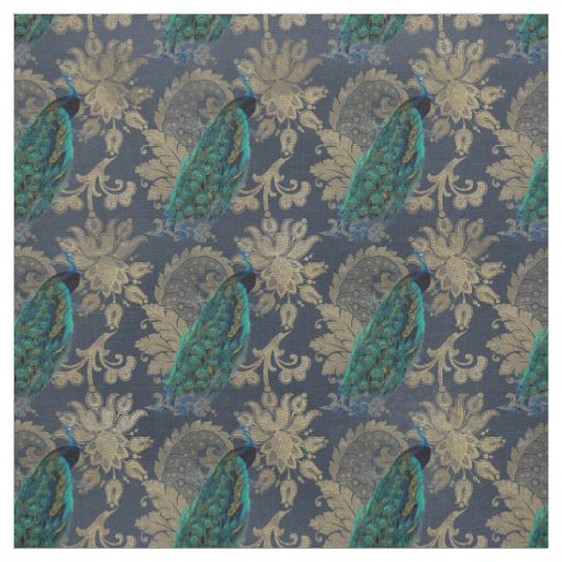 Teal Peacocks on Blue and Gold Fabric