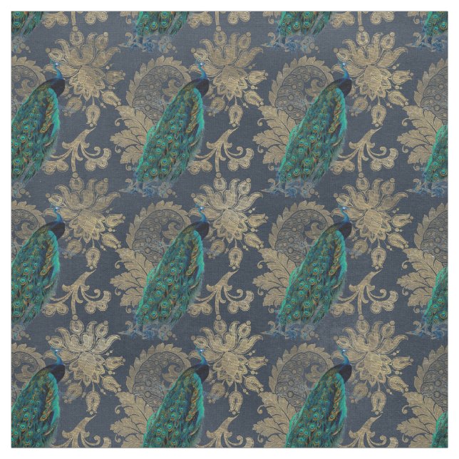 Teal Peacocks on Blue and Gold Fabric (Swatch)