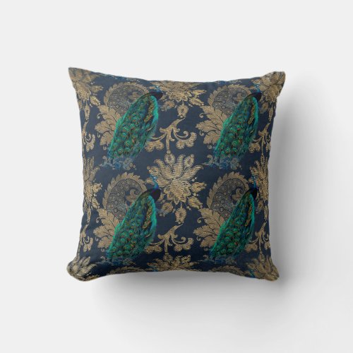 Teal Peacocks on Blue and Gold Throw Pillow