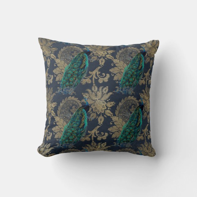 Teal Peacocks on Blue and Gold Throw Pillow (Front)