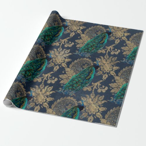 Teal Peacocks on Blue and Gold Wrapping Paper