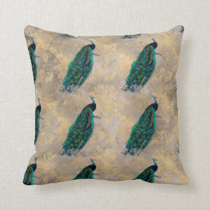 Teal Peacocks on Gold Throw Pillow