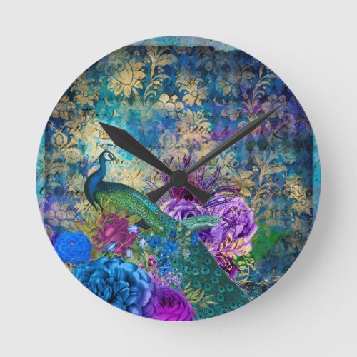 Teal Peacocks Peacock French Acrylic Wall Clock