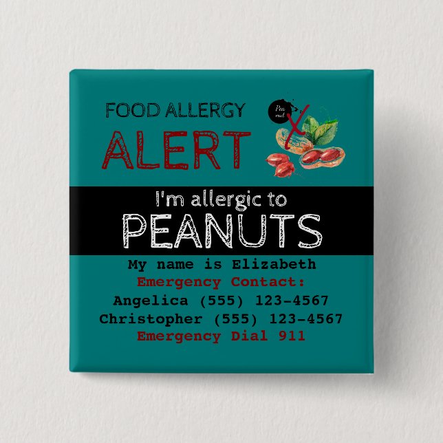 Teal Peanut Food Allergy Alert Label Button (Front)