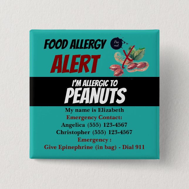 Teal Peanut Food Allergy Alert Warning Button (Front)