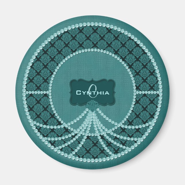 Teal Pearl Damask-Round Magnet (Front)